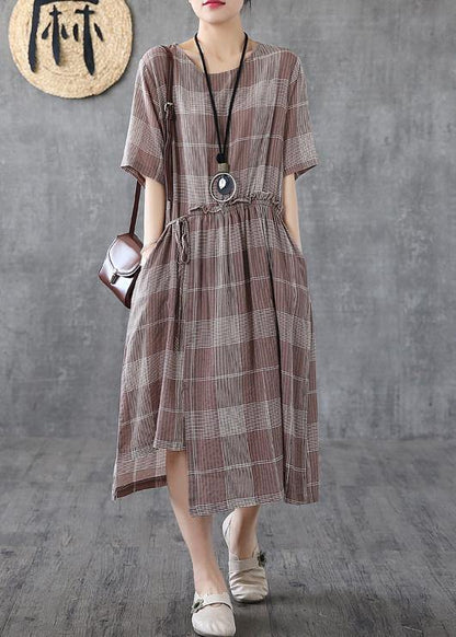 Loose light purple plaid cotton Robes o neck asymmetric Maxi Dress - SooLinen