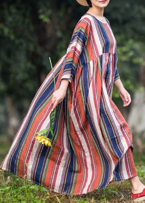 Loose multicolor striped cotton clothes exra large hem o neck Maxi summer Dresses - SooLinen