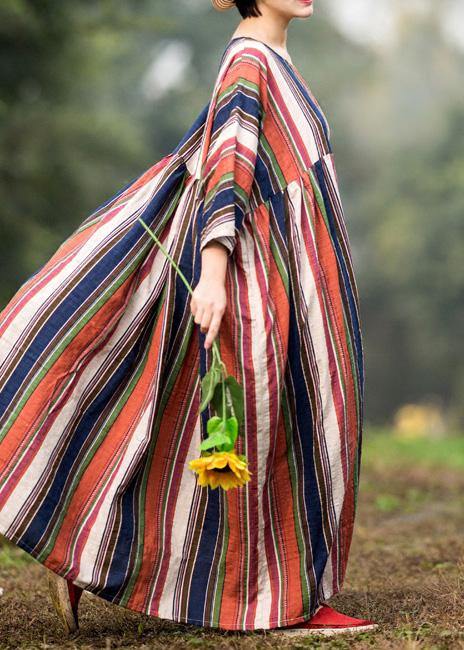 Loose multicolor striped cotton clothes exra large hem o neck Maxi summer Dresses - SooLinen