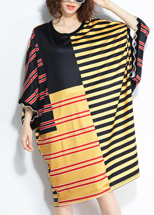 Loose multicolor striped silk blended clothes Women plus size linen patchwork Summer Dress