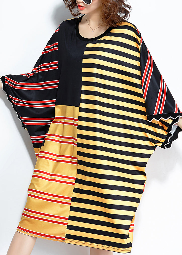 Loose multicolor striped silk blended clothes Women plus size linen patchwork Summer Dress