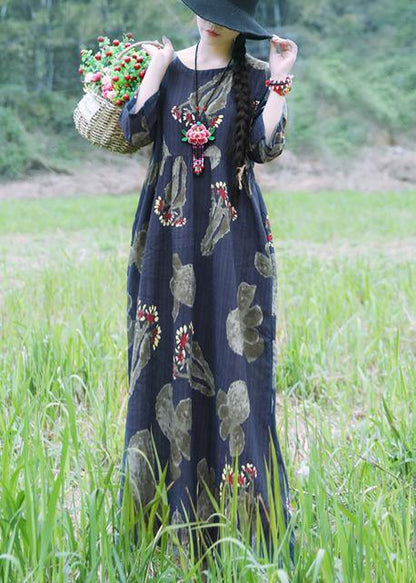 Loose navy cotton linen Robes Casual Sleeve prints summer Dress - SooLinen