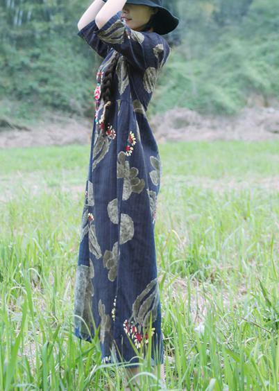 Loose navy cotton linen Robes Casual Sleeve prints summer Dress - SooLinen