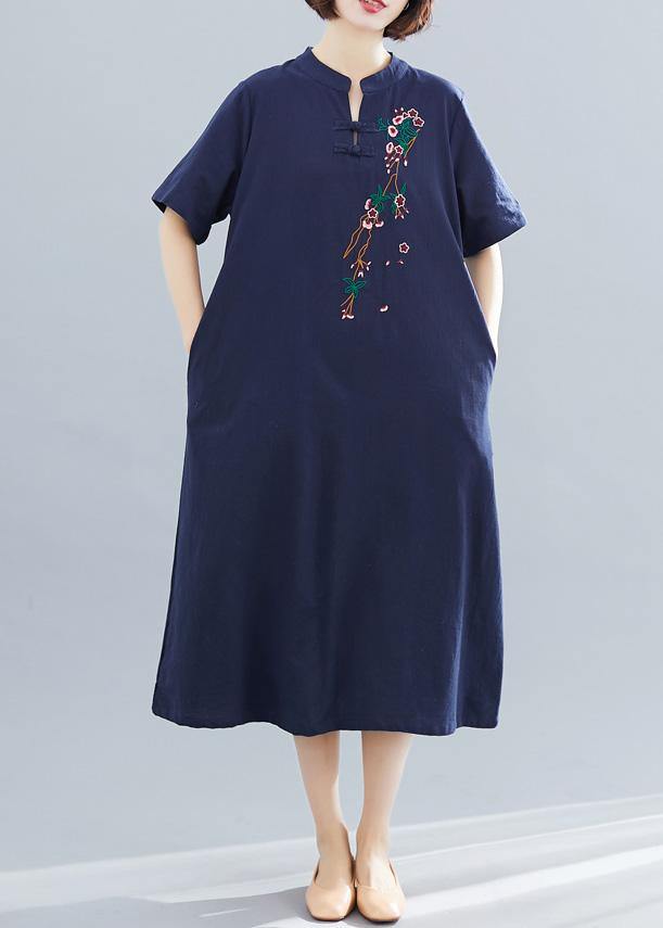 Loose navy cotton quilting dresses embroidery A Line summer Dresses - SooLinen