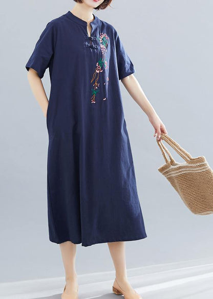 Loose navy cotton quilting dresses embroidery A Line summer Dresses - SooLinen