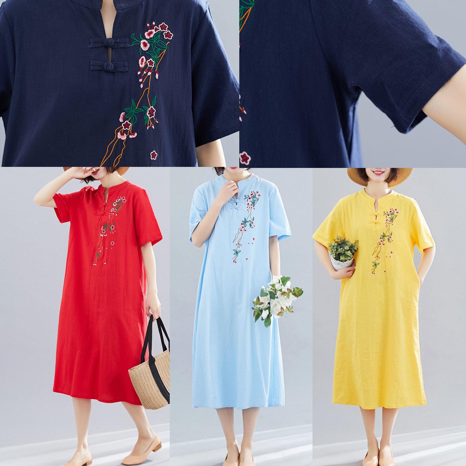 Loose navy cotton quilting dresses embroidery A Line summer Dresses - SooLinen