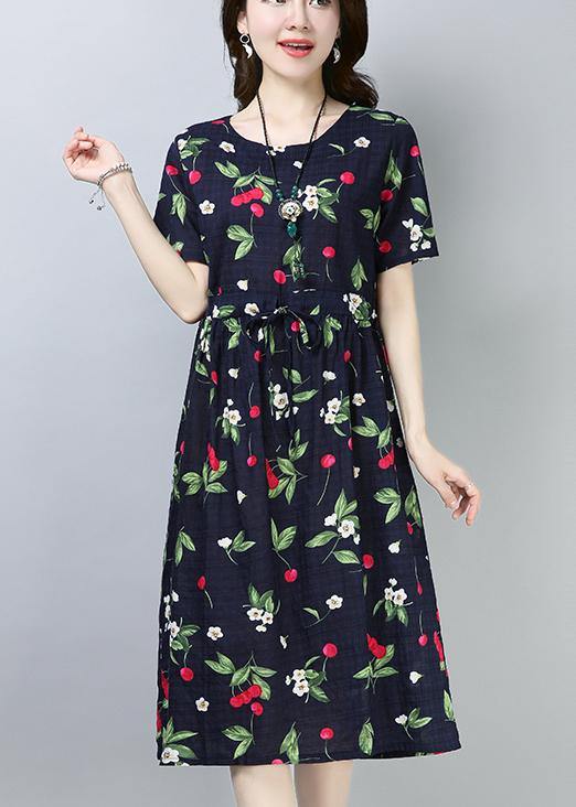 Loose navy prints cotton linen tunic dress drawstring loose summer Dress - SooLinen