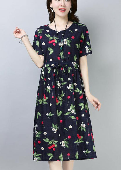 Loose navy prints cotton linen tunic dress drawstring loose summer Dress - SooLinen