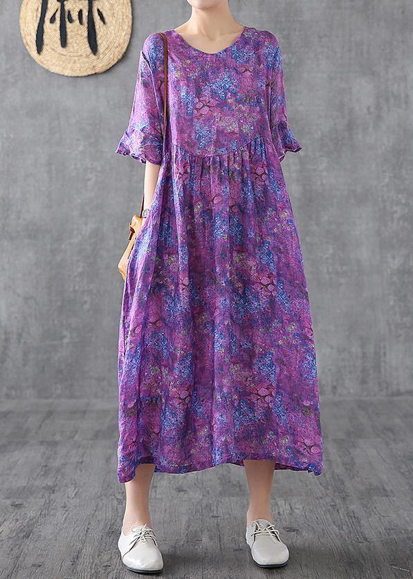 Loose o neck Petal Sleeve linen Robes Fashion Ideas purple print Dress summer - SooLinen