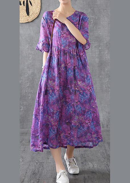 Loose o neck Petal Sleeve linen Robes Fashion Ideas purple print Dress summer - SooLinen