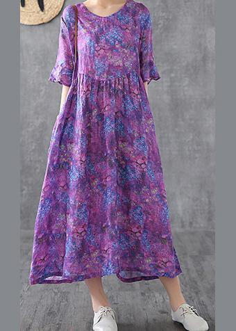 Loose o neck Petal Sleeve linen Robes Fashion Ideas purple print Dress summer - SooLinen