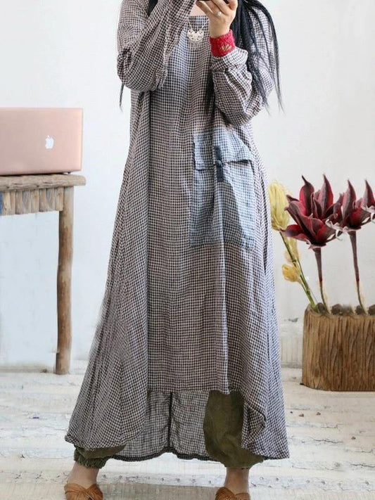 Loose o neck asymmetric cotton linen Soft Surroundings Wardrobes plaid Dress - SooLinen