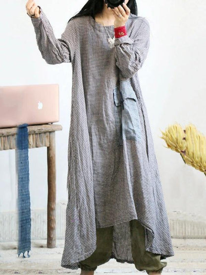 Loose o neck asymmetric cotton linen Soft Surroundings Wardrobes plaid Dress - SooLinen
