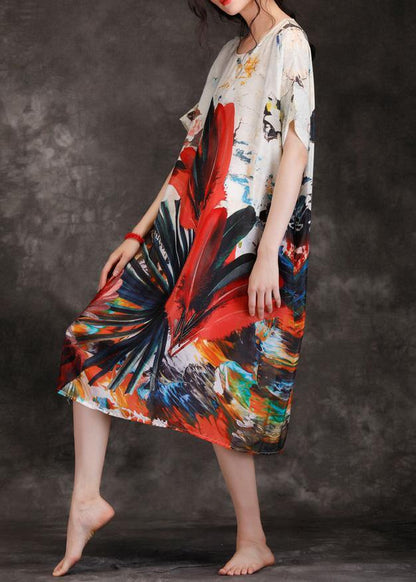 Loose o neck linen dresses Inspiration floral Dress summer - SooLinen