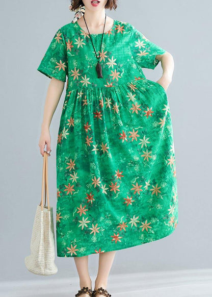 Loose o neck patchwork Cinched cotton dresses Outfits green print Traveling Dresses summer - SooLinen
