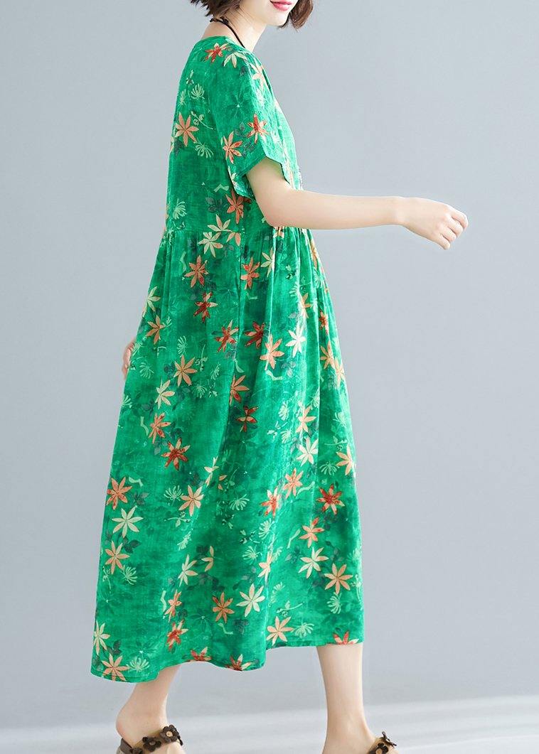 Loose o neck patchwork Cinched cotton dresses Outfits green print Traveling Dresses summer - SooLinen