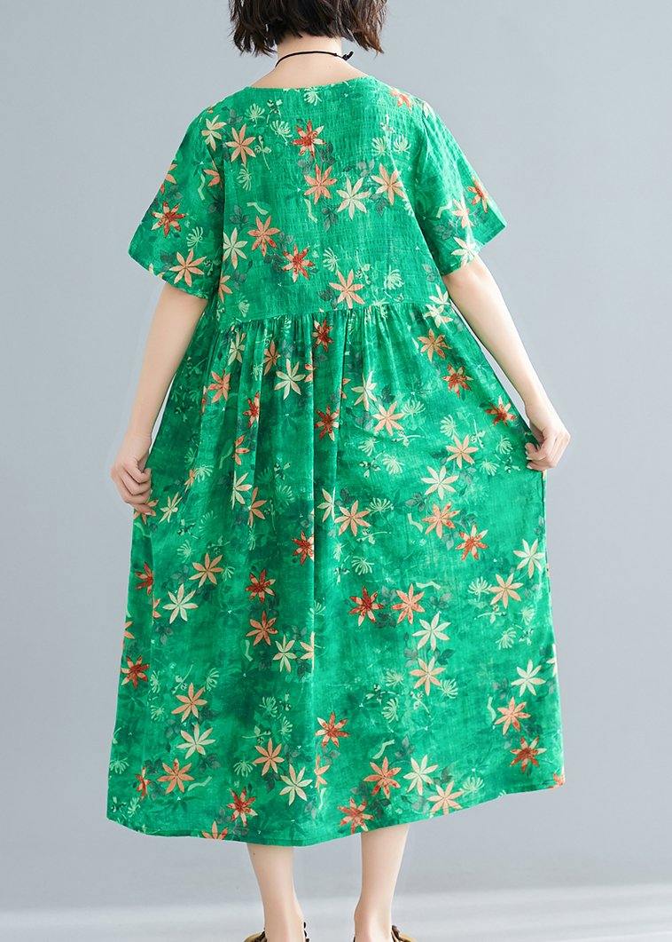 Loose o neck patchwork Cinched cotton dresses Outfits green print Traveling Dresses summer - SooLinen