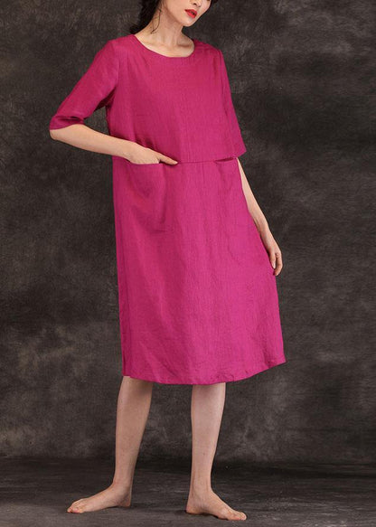 Loose o neck pockets linen dresses Work Outfits burgundy Dress summer - SooLinen