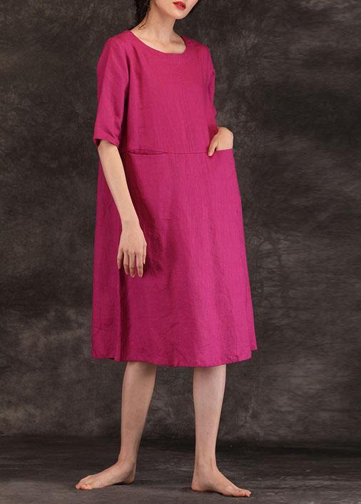 Loose o neck pockets linen dresses Work Outfits burgundy Dress summer - SooLinen