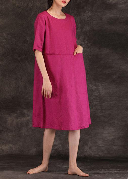 Loose o neck pockets linen dresses Work Outfits burgundy Dress summer - SooLinen
