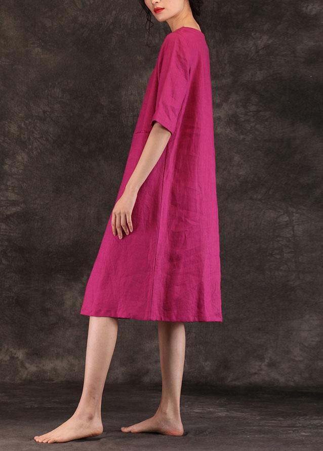 Loose o neck pockets linen dresses Work Outfits burgundy Dress summer - SooLinen