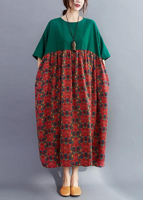 Loose o neck quilting dresses Catwalk blackish green patchwork print Dresses - SooLinen