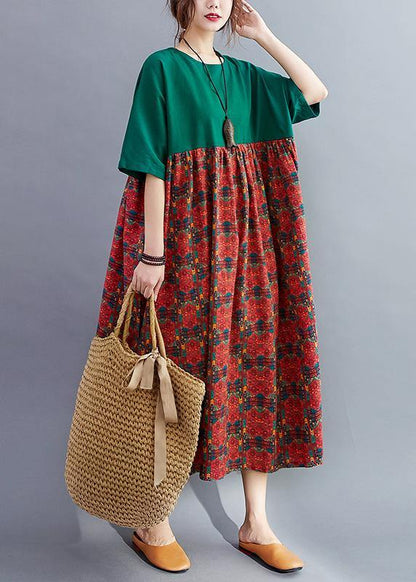 Loose o neck quilting dresses Catwalk blackish green patchwork print Dresses - SooLinen