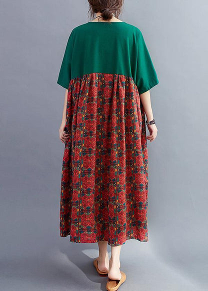 Loose o neck quilting dresses Catwalk blackish green patchwork print Dresses - SooLinen