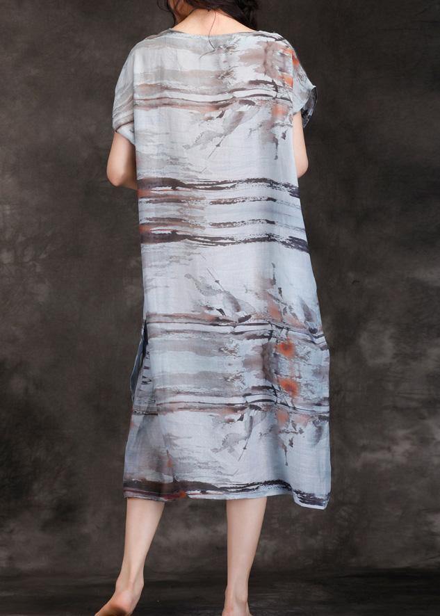 Loose o neck short sleeve pockets linen Robes gray print Dresses summer - SooLinen