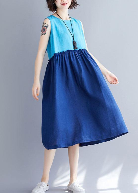 Loose o neck sleevless cotton linen quilting clothes Catwalk blue Dresses summer - SooLinen