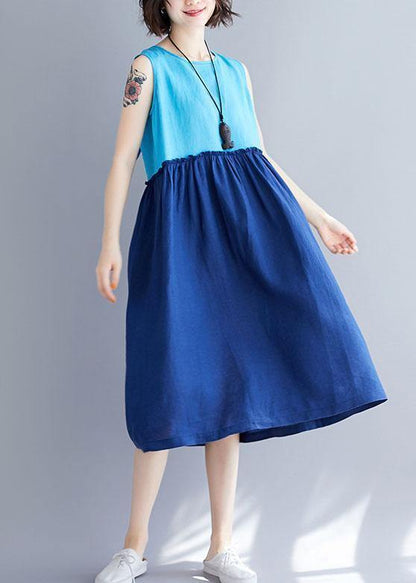 Loose o neck sleevless cotton linen quilting clothes Catwalk blue Dresses summer - SooLinen