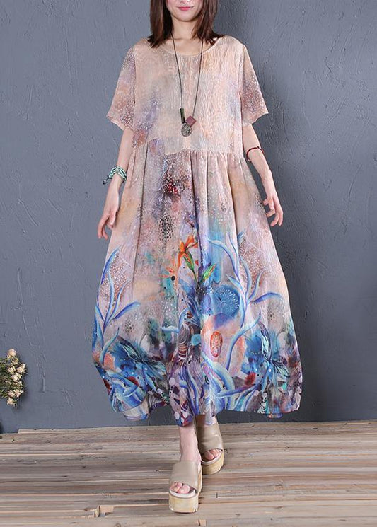 Loose o neck Cinched linen summer clothes Sleeve blue print Dress - SooLinen