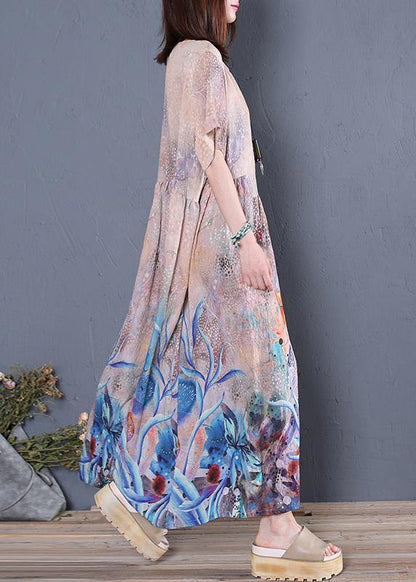 Loose o neck Cinched linen summer clothes Sleeve blue print Dress - SooLinen