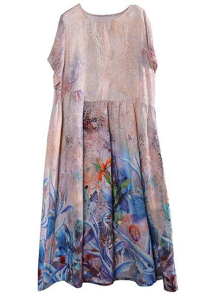 Loose o neck Cinched linen summer clothes Sleeve blue print Dress - SooLinen