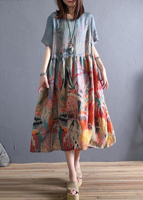 Loose o neck Cinched linen summer clothes Wardrobes khaki print Dress - SooLinen