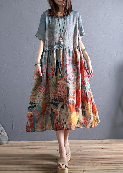 Loose o neck Cinched linen summer clothes Wardrobes khaki print Dress - SooLinen