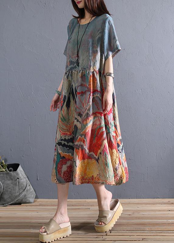 Loose o neck Cinched linen summer clothes Wardrobes khaki print Dress - SooLinen