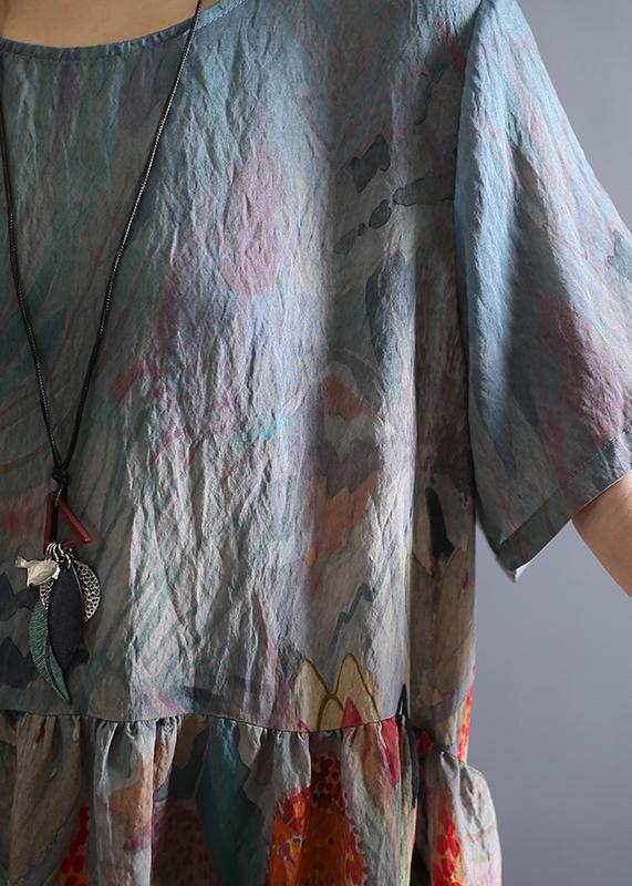 Loose o neck Cinched linen summer clothes Wardrobes khaki print Dress - SooLinen