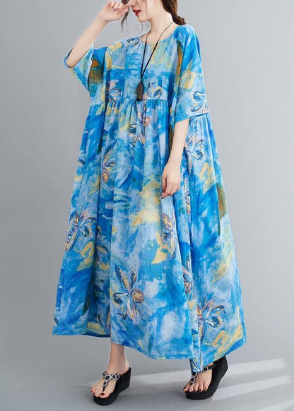 Loose o neck Cinched summer clothes blue print Maxi Dresses - SooLinen