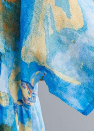 Loose o neck Cinched summer clothes blue print Maxi Dresses - SooLinen