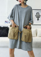 Loose patchwork big pockets Cotton clothes Women Inspiration gray Dresses summer
