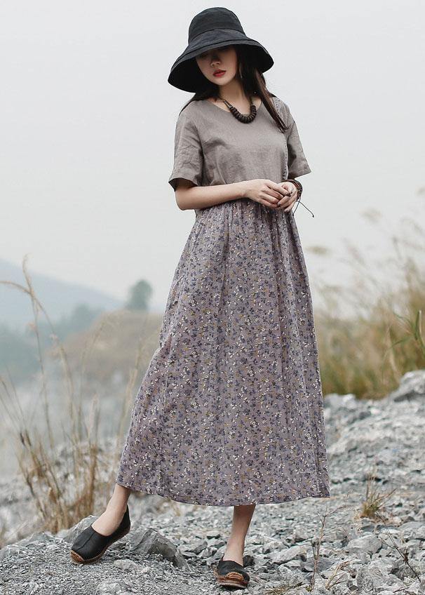Loose patchwork linen Long Shirts Neckline gray Dress summer - SooLinen