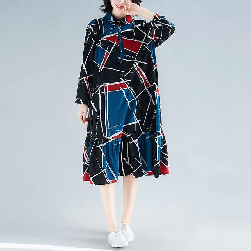 Loose print chiffon clothes For Women Sweets Wardrobes ruffles chiffon lapel collar Dress