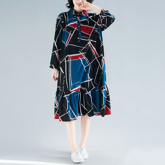 Loose print chiffon clothes For Women Sweets Wardrobes ruffles chiffon lapel collar Dress