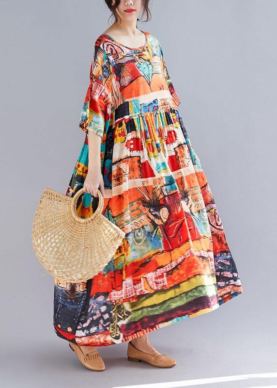 Loose prints cotton linen quilting dresses short sleeve big hem loose summer Dress - SooLinen