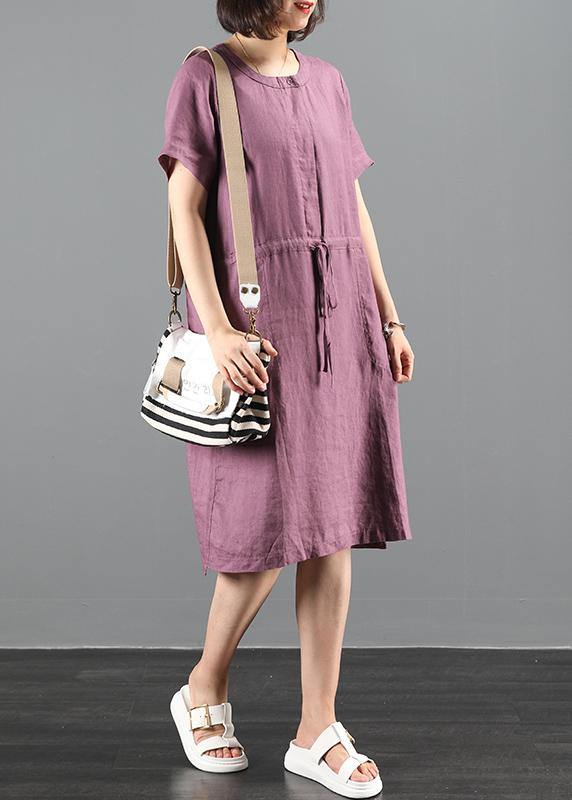 Loose purple Tunics o neck drawstring loose Dress - SooLinen