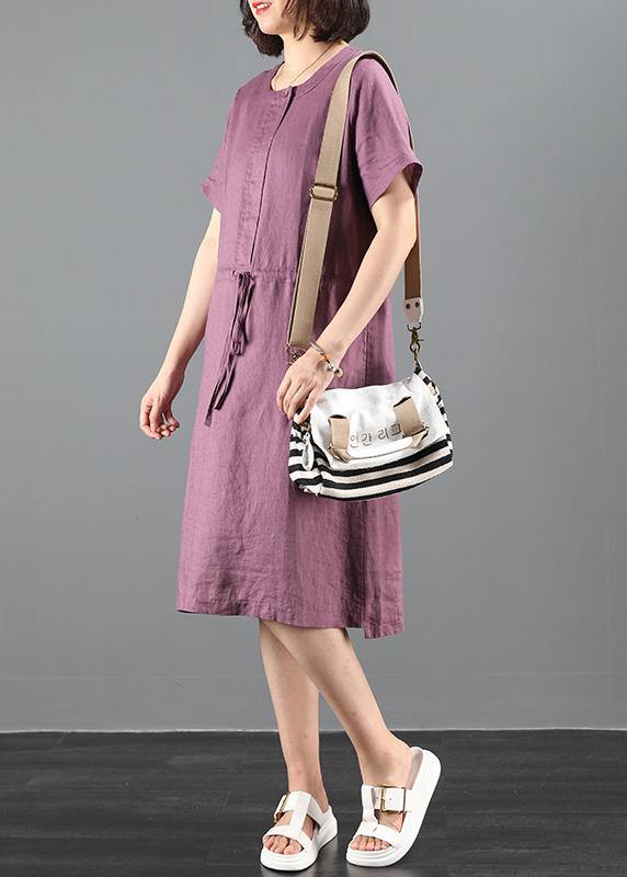 Loose purple Tunics o neck drawstring loose Dress - SooLinen