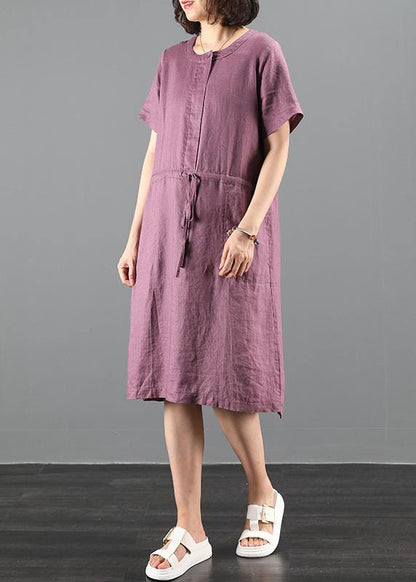 Loose purple Tunics o neck drawstring loose Dress - SooLinen