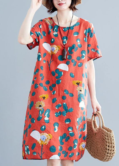 Loose red Chiffon clothes Women o neck Midi summer print Dresses - SooLinen