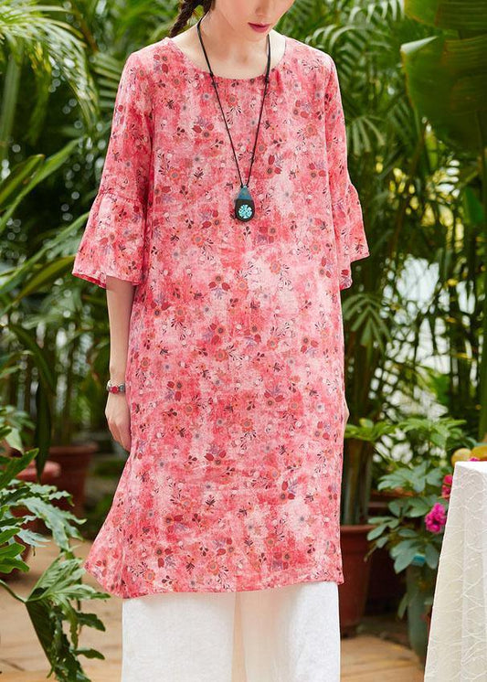 Loose red print linen clothes For Women o neck half sleeve patchwork loose summer Dresses - SooLinen